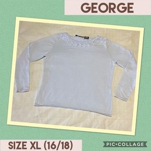 🍁 GEORGE, Baby Blue sweater w/crotchet trim